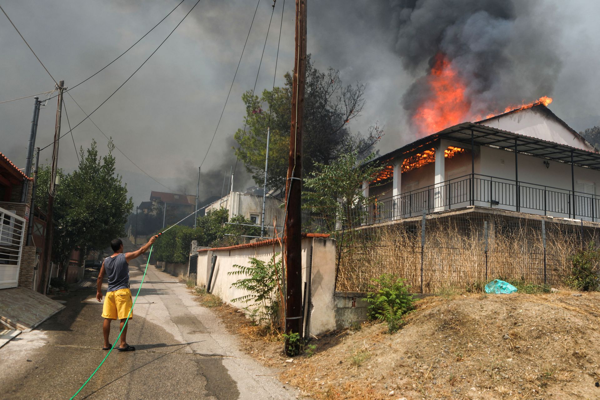 A wildfire rages in Menidi, near Athens, Greece